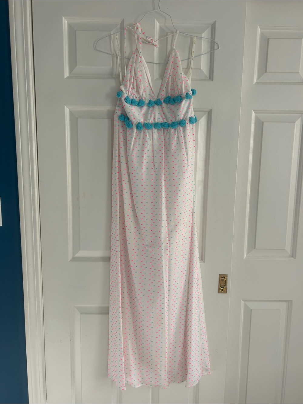 Sail to Sable White Maxi Dress with Pink Dot Print and Turquoise Pom Trim